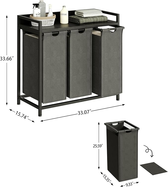 Laundry Hamper with Shelf, Laundry Basket 3 Section, Laundry Sorter with - Image 4