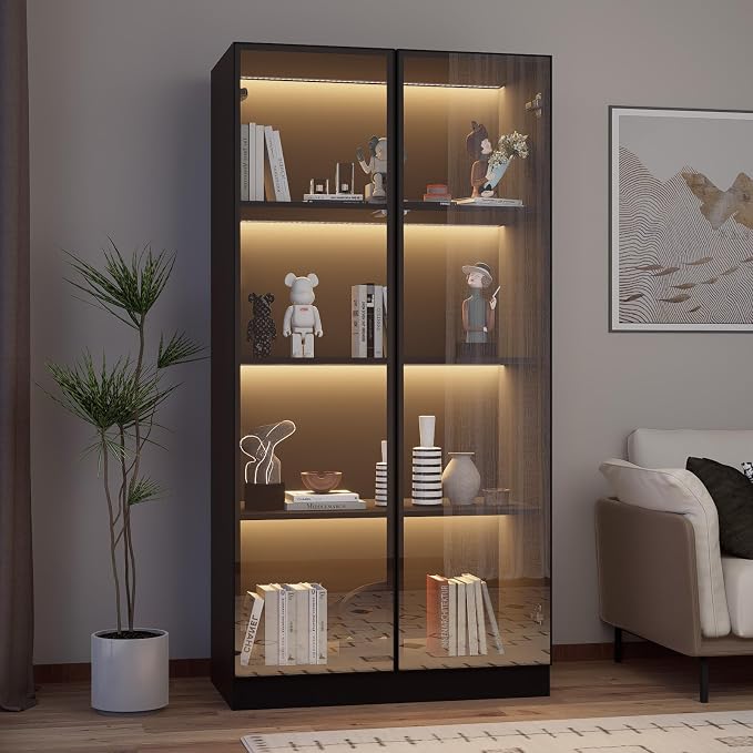 Glass Display Cabinet with LED Lights Set of 2, Display Case Bookcase with - Image 3