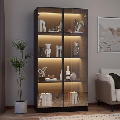Glass Display Cabinet with LED Lights Set of 2, Display Case Bookcase with - Image 3