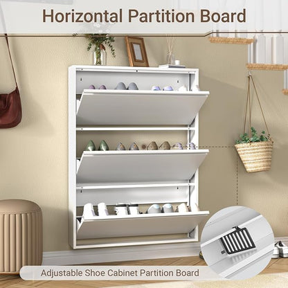 Metal Shoe Cabinet with 3 Flip Drawers, Slim Wall Mounted, Hallway and Mudroom - Image 6