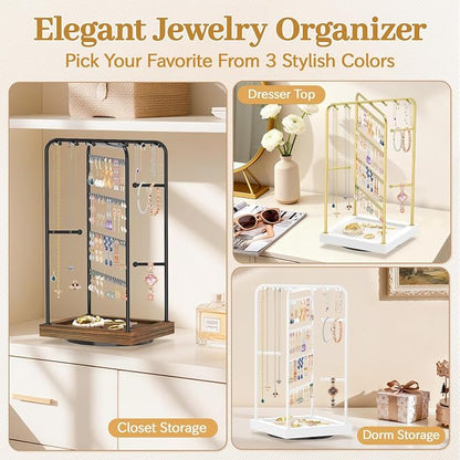 MODOWEY Earring Necklace Holder Organizer Wood Rotating Jewelry Tree, Burnt | - Image 7
