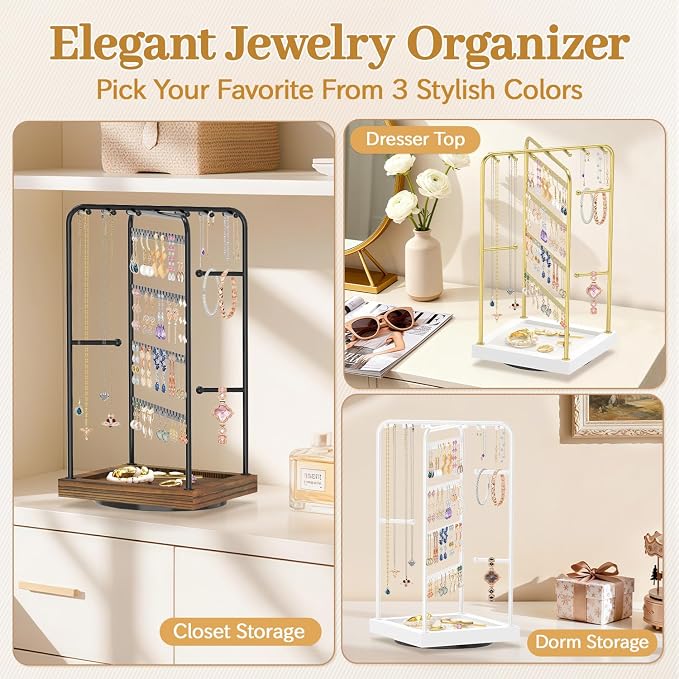 MODOWEY Earring Necklace Holder Organizer Wood Rotating Jewelry Tree, Spinning - Image 7