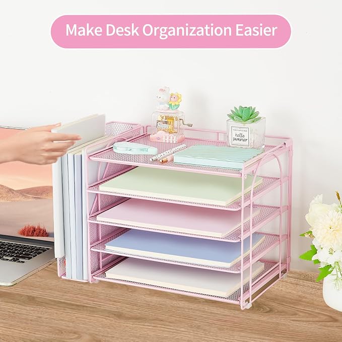 AUPSEN Pink Desk Organizers and Accessories, 5-Tier Desktop Paper File Organizer - Image 5