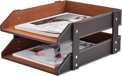 Leather Desk Organizer, 2-Tier Stackable Letter Tray Holder, Office Supplies by XNONE