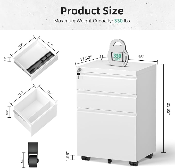 Bonusall 3 Drawer White File Cabinet, Fully Assembled Metal Rolling Filing - Image 3