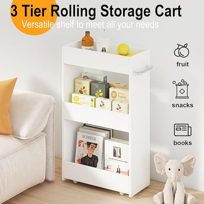 MARTY Wood Rolling Storage Cart 7.9" W, 3 Tier White Slim Utility Kitchen Cart - Image 6