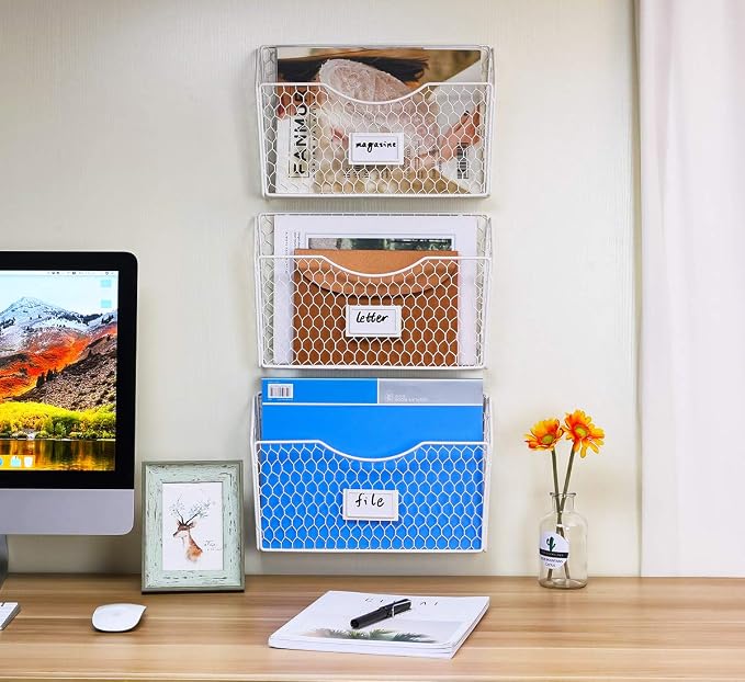 3 Pockets Hanging File Holder Wall Mount Mail Organizer Metal Chicken Wire - Image 6