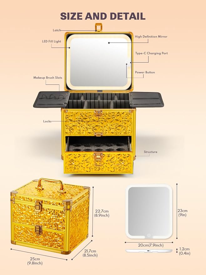 Qislee Makeup Box with Drawer and A Detachable Lighted Mirror, Waterproof - Image 3
