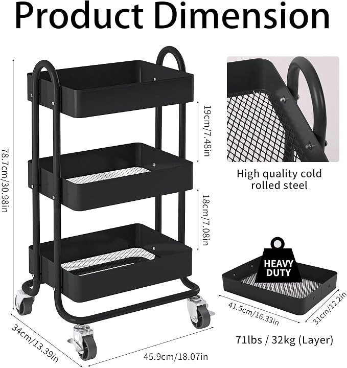 Metal Rolling Cart, 3-Tier Metal Rolling Cart - Image 3