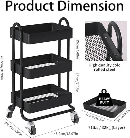 Metal Rolling Cart, 3-Tier Metal Rolling Cart - Image 3