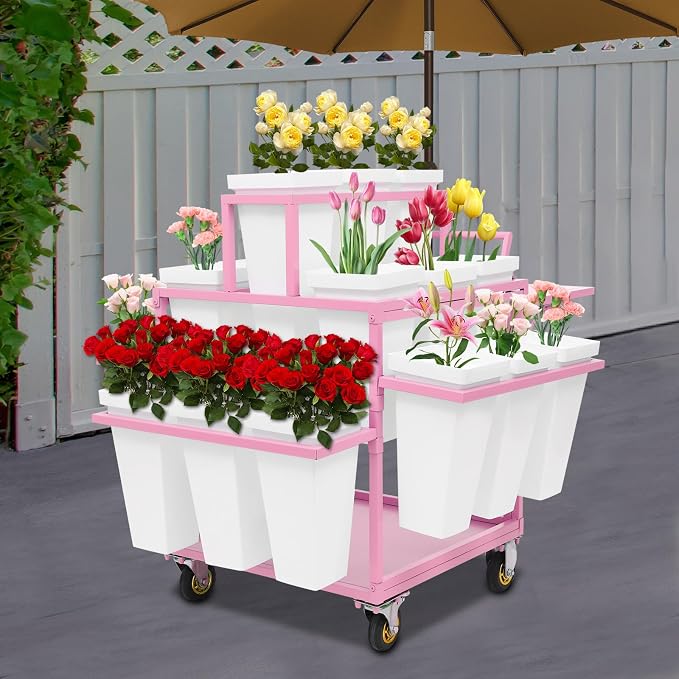 Flower Display Stand Cart With 18 Buckets Plant Rack Storage Organizer with - Image 3