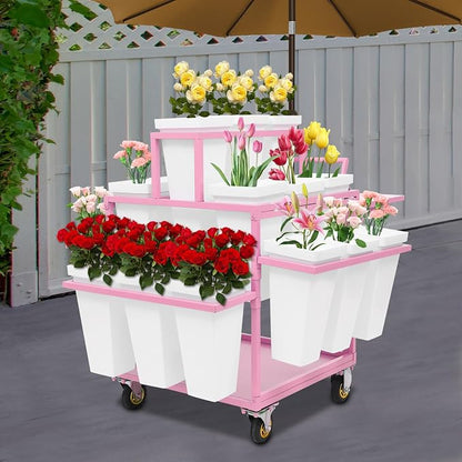 Flower Display Stand Cart With 18 Buckets Plant Rack Storage Organizer with - Image 3