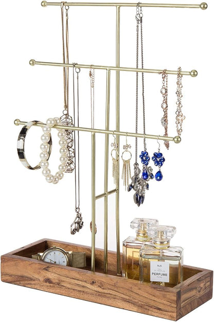 MyGift Handmade 3-Tier Brass Metal Jewelry Tree Organizer Stand and Ring Tray by MyGiftHome