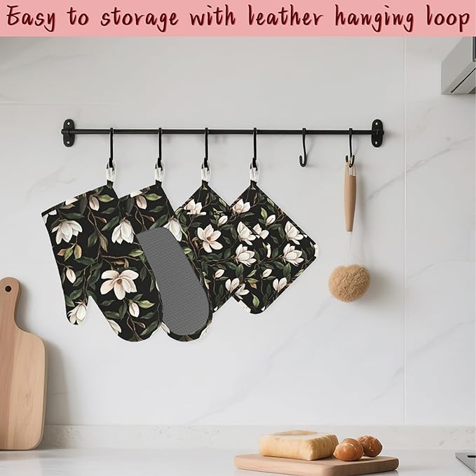 White Magnolia Oven Mitts and Pot Holders, Heat Resistant Non-Slip Silicone - Image 5