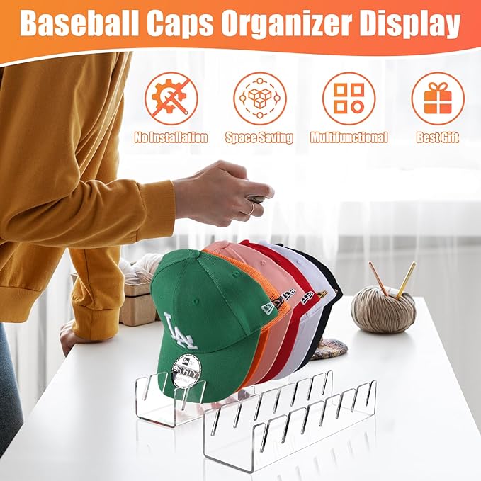 Hat Stand for Baseball Caps, 2 Pack No Install Acrylic Hat Organizer for 14 - Image 6