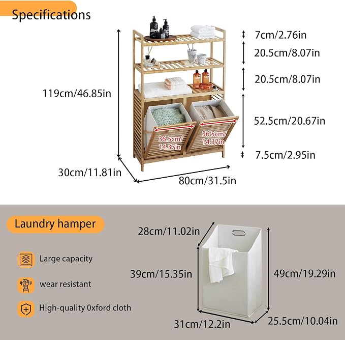 Double Tilt Out Laundry Hamper, Bamboo Hamper - Image 2