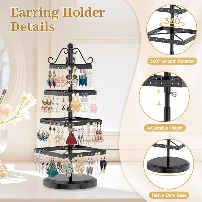 MODOWEY Rotating Earring Holder Organizer Stand, 4 Tier Adjustable Metal - Image 4