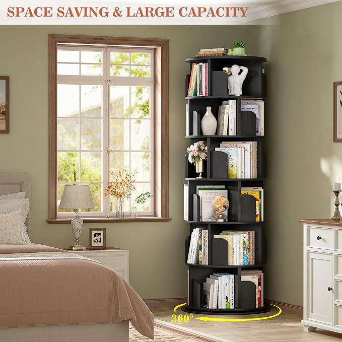 Aheaplus 6 Tier Rotating Bookshelf, Wood Spinning Bookshelf Tower, Round - Image 5
