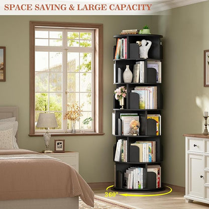 Aheaplus 6 Tier Rotating Bookshelf, Wood Spinning Bookshelf Tower, Round - Image 5