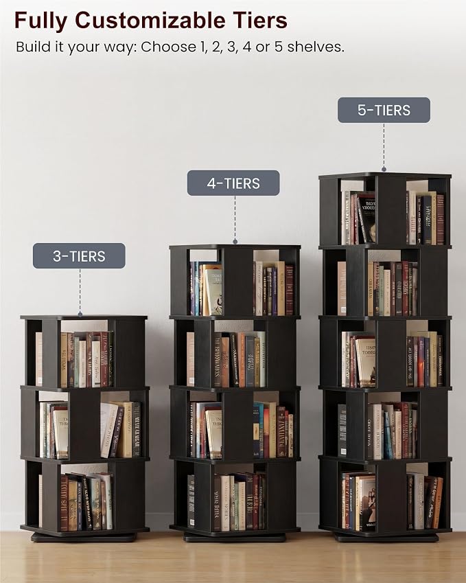 5-Tier Rotating Bookshelf Tower, 360° Square Spinning Book Shelf | Floor - Image 4