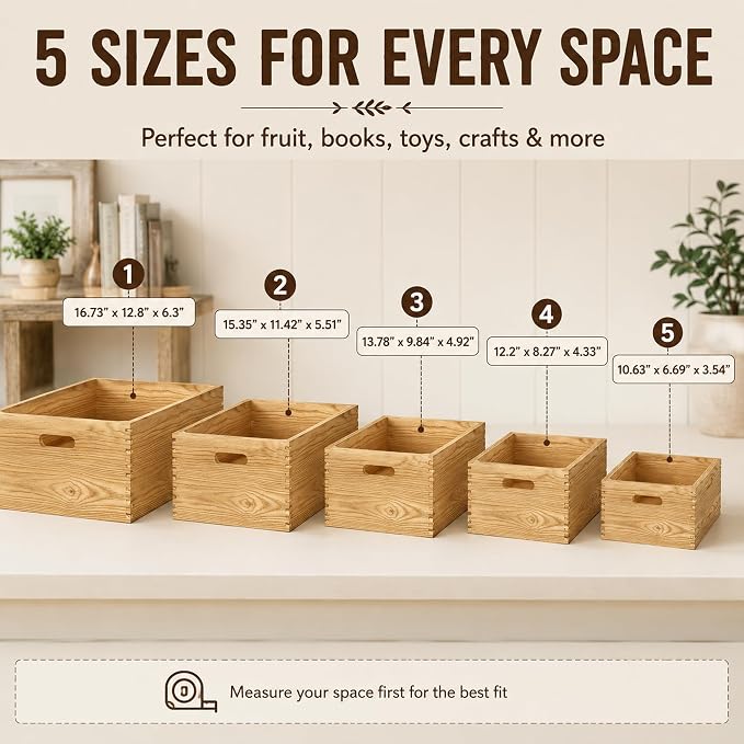 5 Pack Wooden Crates for Display Nesting Wood Crate for Storage - Image 2