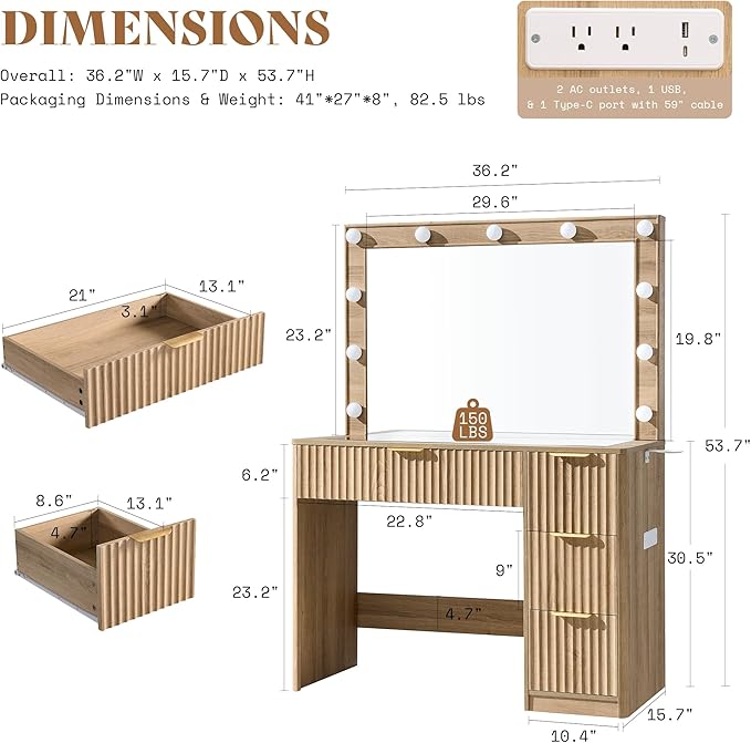 AMERLIFE 36.2" Fluted Vanity Desk - Image 3