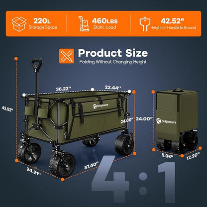 220L Collapsible Wagon Cart Foldable, 460lbs Load Capacity Heavy Duty Folding - Image 4