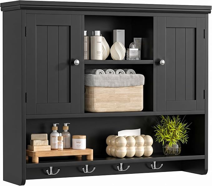 Bathroom Wall Cabinet with Doors and Hooks, 3-Tier Wall Mounted Cabinet | by Keehusux