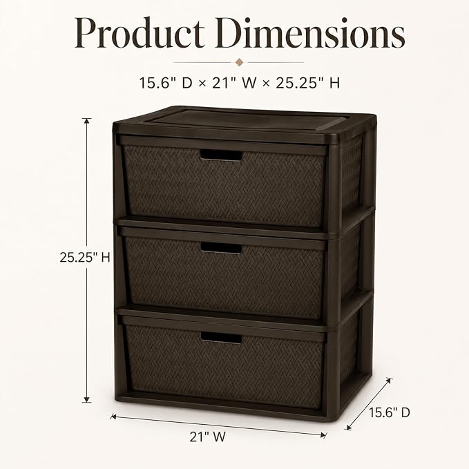 Wide 3-Drawer Plastic Storage Tower, Cross-Weave Floor Cabinet, tool-free - Image 2