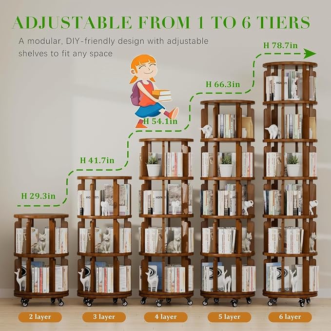 6 Tier 360° Rotating Solid Wood Bookshelf - Image 4