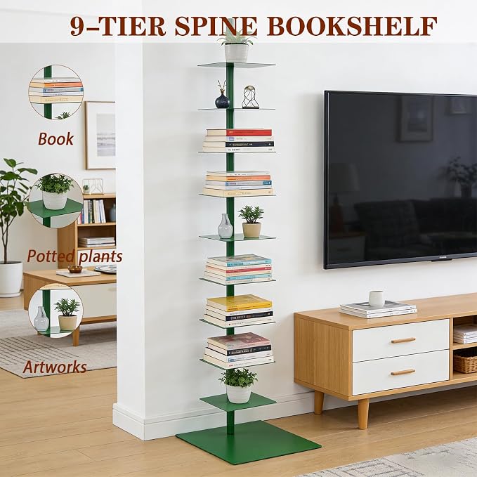 9 Tier Metal Spine Bookshelf Tower, Adjustable Vertical Tower - Image 4