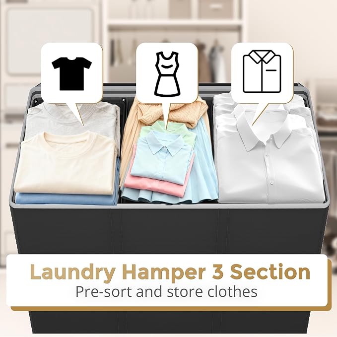 180L Laundry Hamper 3 Section, Large Laundry Basket - Image 3