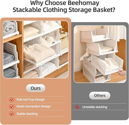 Pull-out Plastic Storage Basket, Stackable Closet Organizers Drawer Anti-Tipping - Image 7