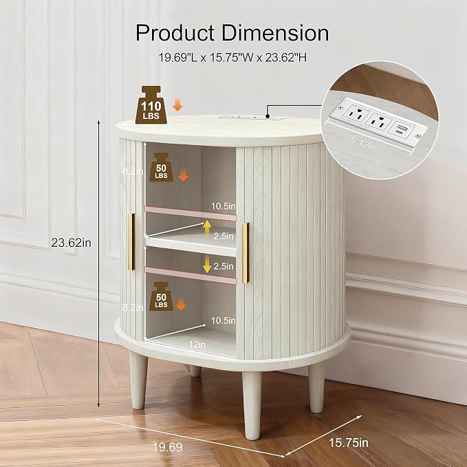 Nightstand with Charging Station, Fluted Accent Side Table with Sliding Door & - Image 2