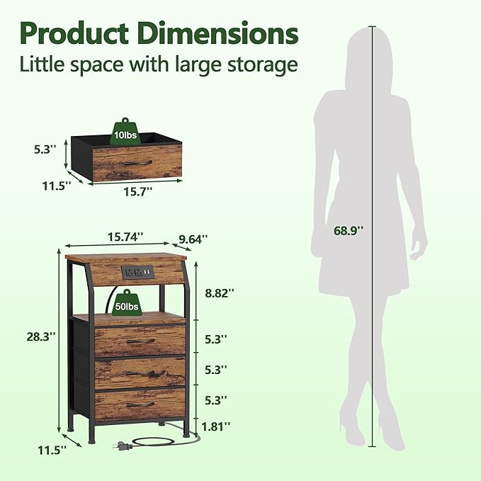 Furnulem Night Stand with Charging Station, 3 Fabric Drawers Bedside Table | - Image 3