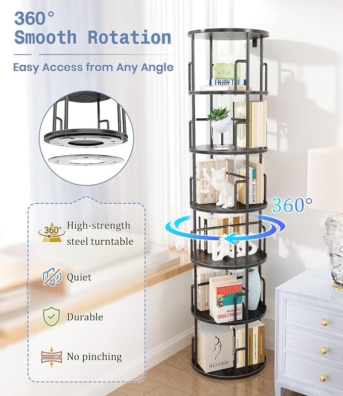 6 Tier Rotating Bookshelf Tower Round Black, 74”Tall Spinning Bookshelf Tower - Image 3