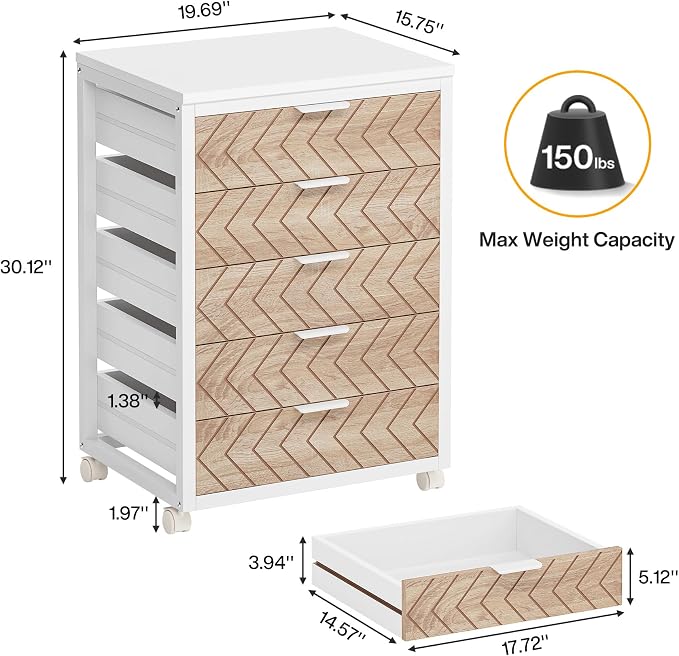 Tribesigns 5-Drawer File Cabinet, Wood Mobile Storage Unit, - Image 8