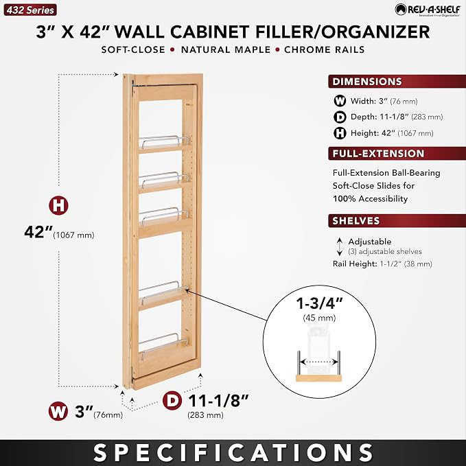 Rev-A-Shelf Kitchen Cabinet Pullout Wall Filler Wooden Organizer Slide Out - Image 3