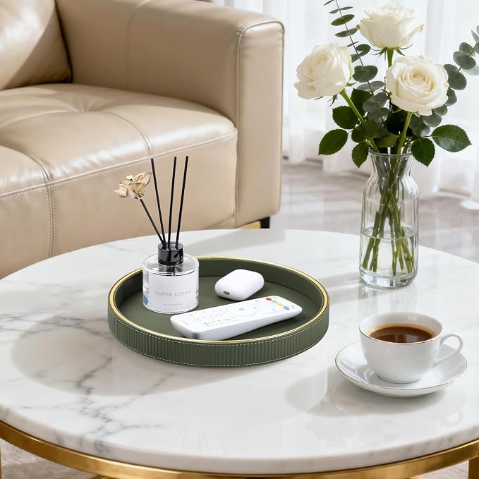 Round Decorative Tray for Coffee Table Decor, PU Leather Coffee Table Tray - Image 6
