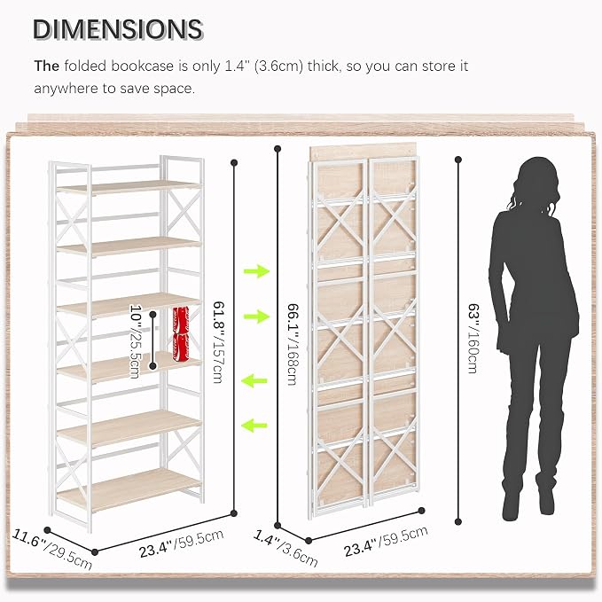 4NM 6 Tiers No Assembly Book Shelves, 61.8" H Folding Bookshelf Bookcase Open - Image 2