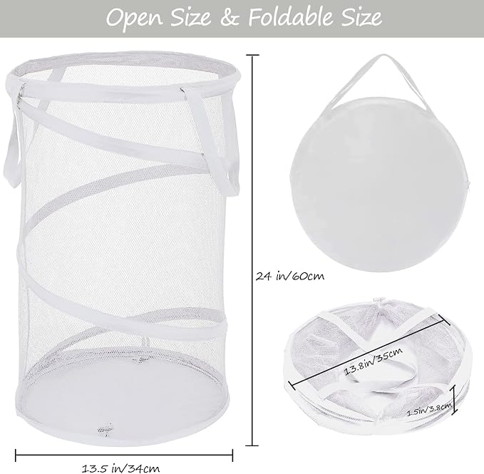BATTOO 2 Pack White Large Collapsible Laundry Basket Foldable Mesh Pop Up Hamper - Image 2