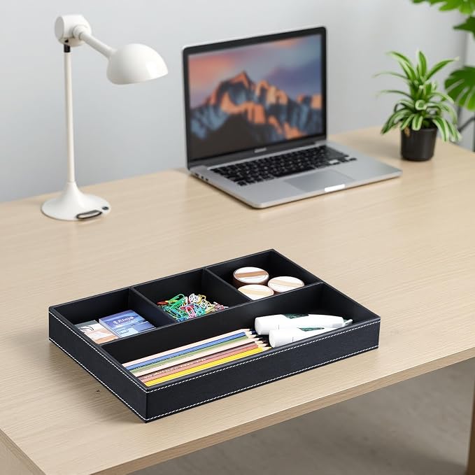 KINGFOM Pu Leather Desk Organizer Tray, 4 Compartment Office Storage Supplies - Image 6