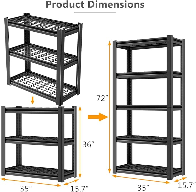 OS MOTOR 72" Storage Shelving Unit, Heavy Duty 5-Tier Adjustable Metal Rack - Image 3
