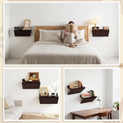2 Pack 13 x 7 x 5.5 Inch Floating Nightstand Wooden Bedside V Shape Wall Shelf - Image 6