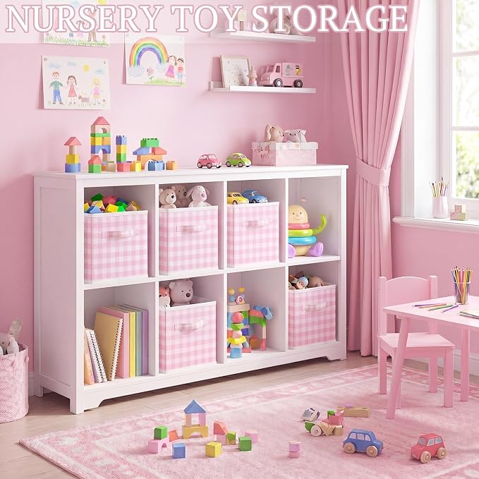 Yalikop 6 Pcs Pink Gingham Cube Storage Bins, 11 Inch Fabric Checkered - Image 6