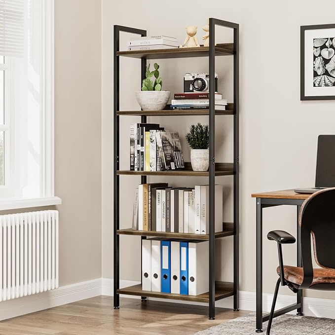 NUMENN Bookshelf, 5 Tier Freestanding Shelving Unit, Dark Walnut | Metal Frame - Image 2