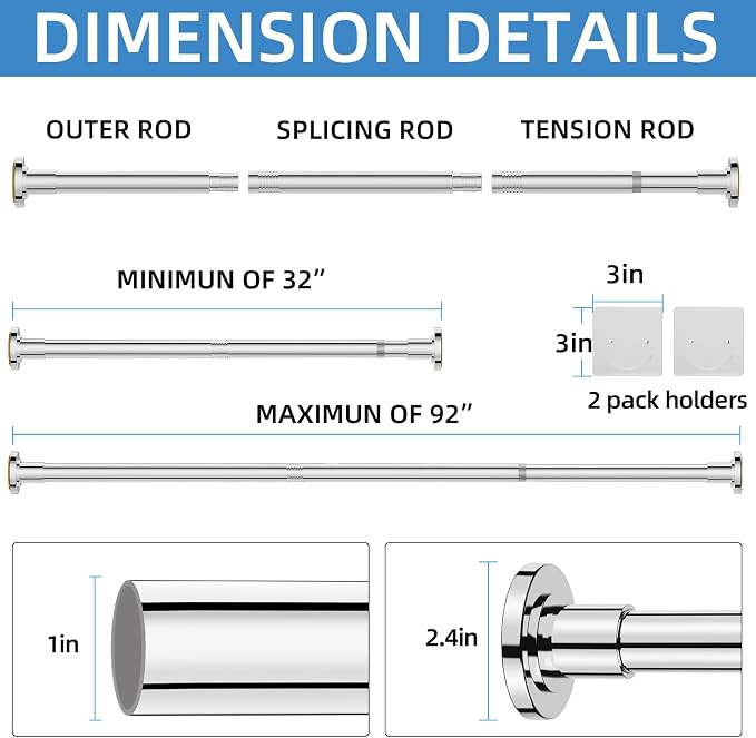 CorkLatta Chrome Adjustable Shower Curtain Rod 32 to 92 inch - Image 4