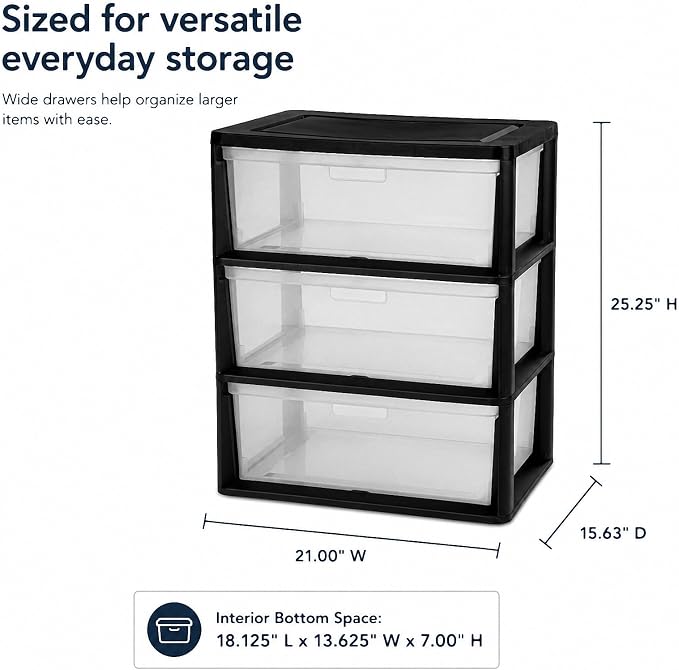 Wide 3 Drawer Plastic Storage Tower Clear Chest Organizer | Clear Removable - Image 2