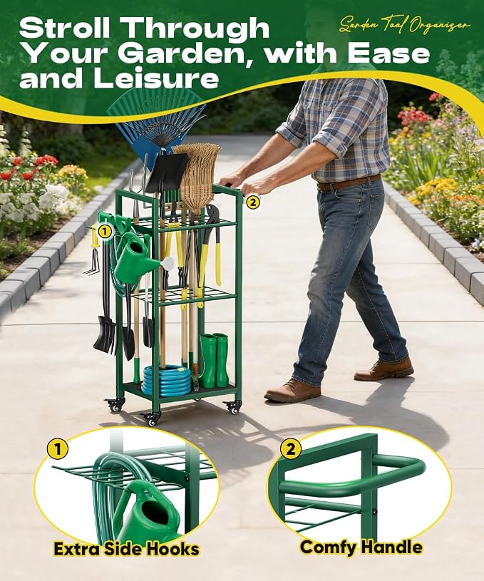 Garden Tool Organizer with Wheels, Heavy Duty 3 Tier Metal Yard Tool Storage - Image 3