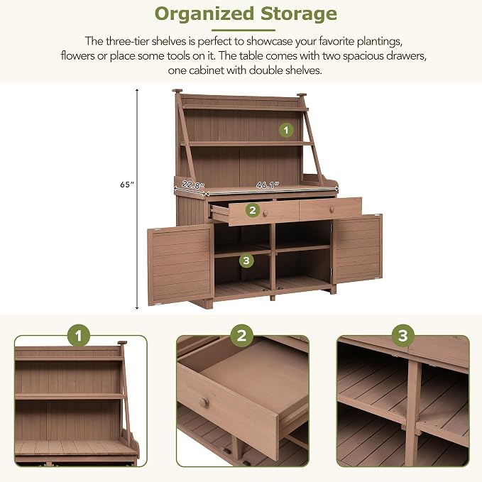 Merax Potting Bench Table with Cabinet and Open Shelves, Garden Potting Bench - Image 5